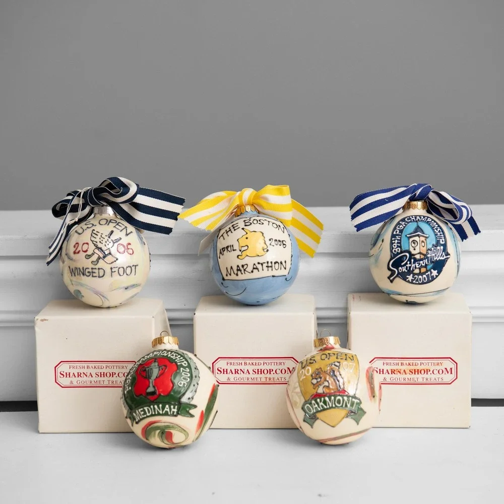 Hand Painted Pottery Ornaments Set 6 US Open PGA Golf Collectible